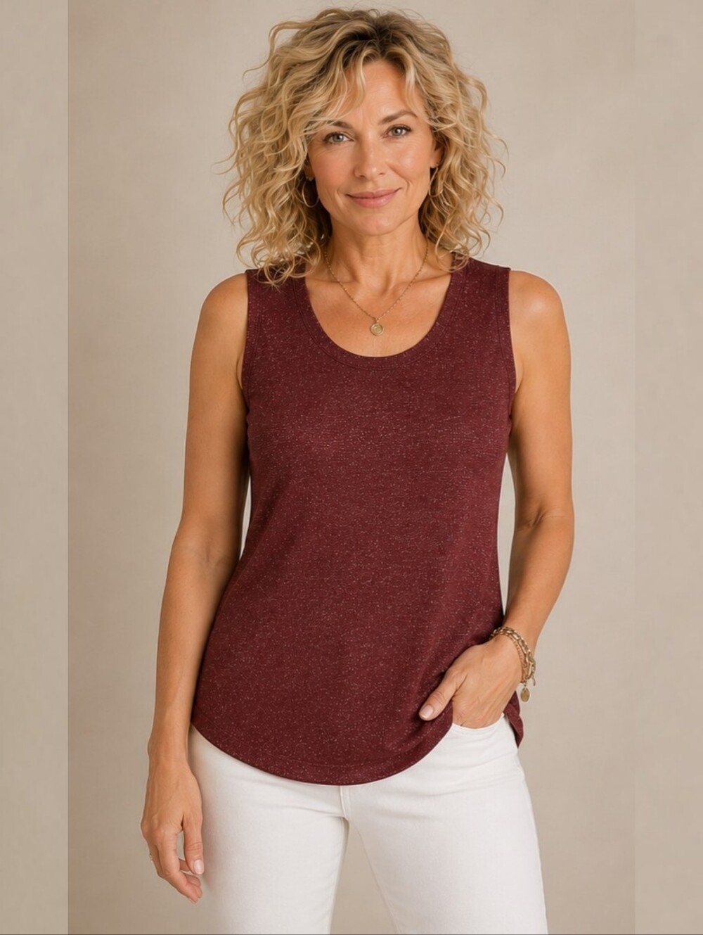Jones New York Collection Red Metallic Shimmer Tank Top Large